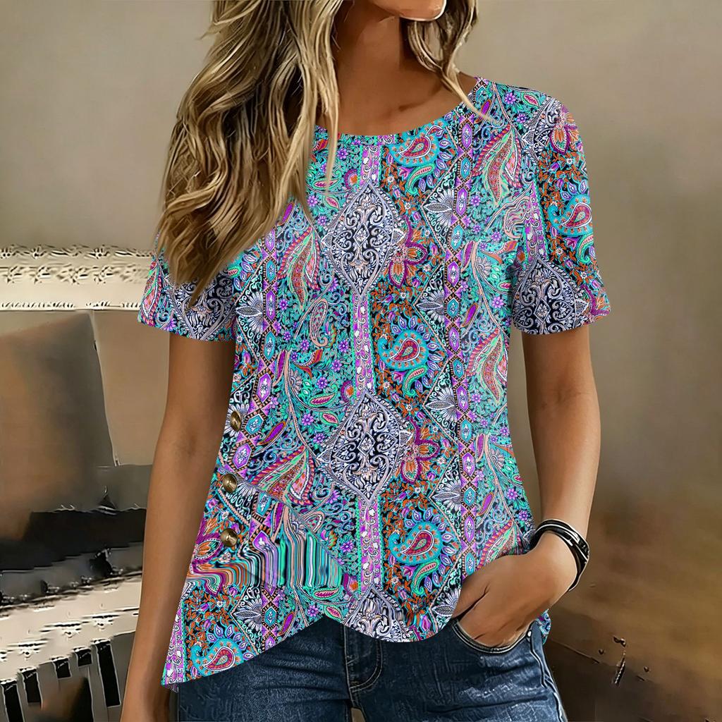 Women's Short Sleeve T Shirt Geometric Print Button Detail Round Neck Casual Top Lightweight Soft Fabric Blouse