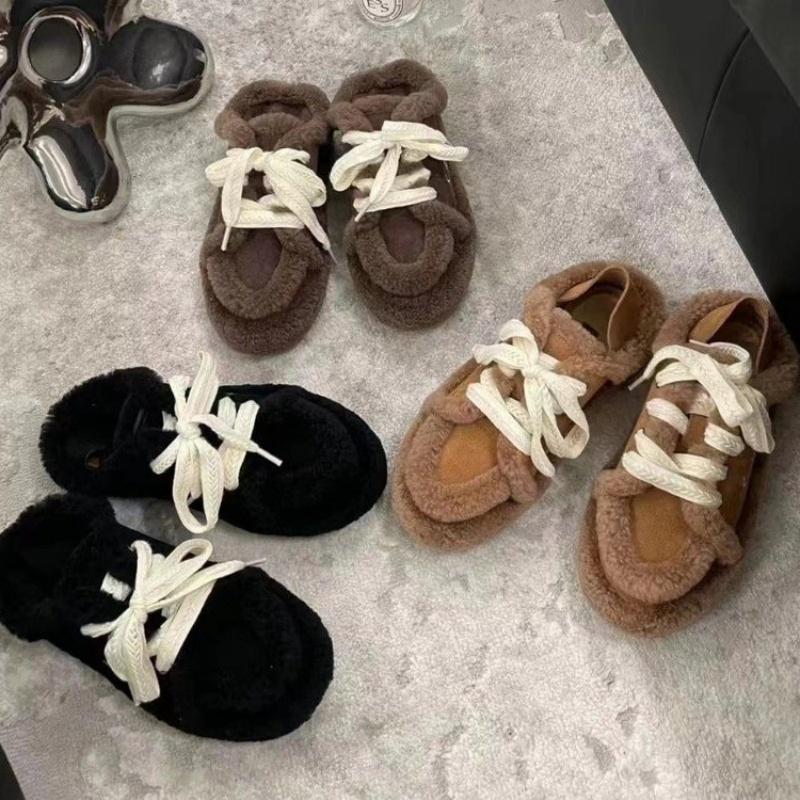 Winter Women Loafers Plush Lace Up Flat Shoes Bow Woman Flats Warm Loafer Wool Casual Shoes Fur Boat Shoes Flats Zapatos Mujer