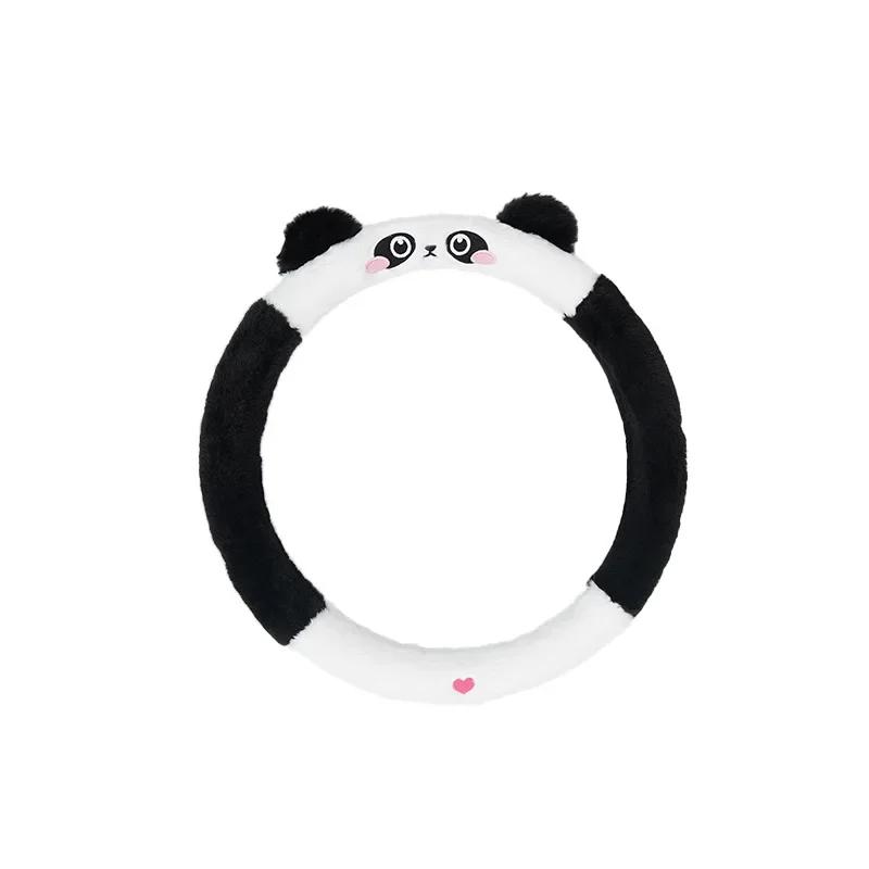 Panda Winter Cartoon Lenkradset Innendekoration Plüsch Bestickt Rutschfest Lenkerhandschuhe Niedliche Autozubehör