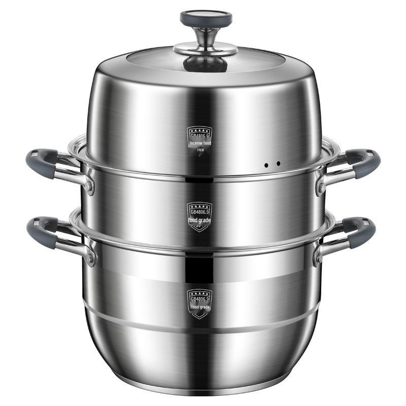Large Capacity 304 Stainless Steel Steamer Pot with Thickened Multi-Layer Steaming Baskets for Household Use