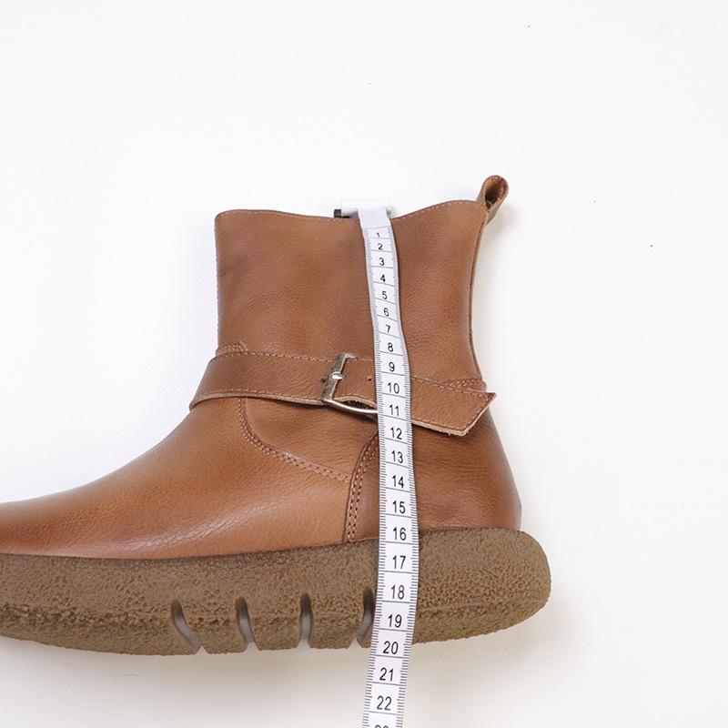 Johnature Retro Klamra Paska Skóra Naturalna Krótkie Botki Okrągły Nosek Boczny Zamek Płaska Podeszwa Damskie Botki