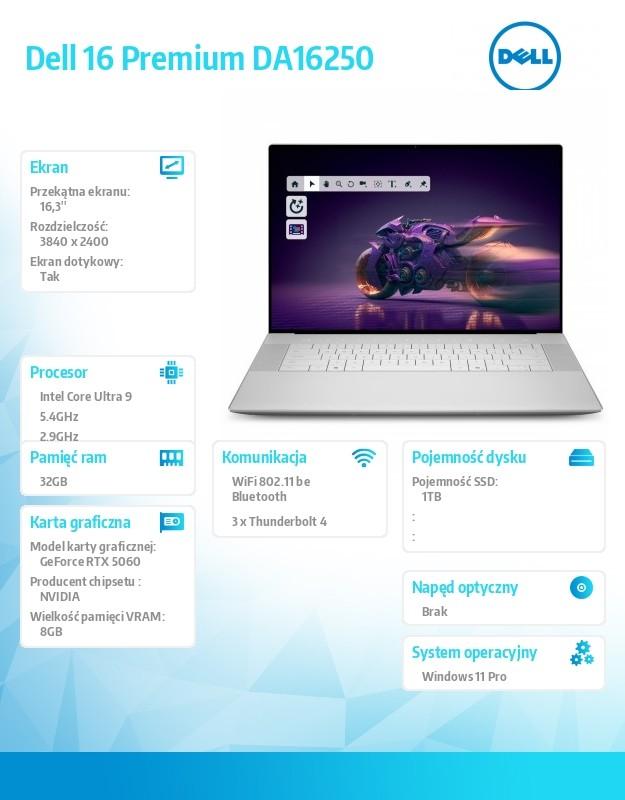 Notebook Dell 16 Premium DA16250 Win11Pro|U9-285H|32GB|1TB SSD|NVIDIA GeForce RTX 5060, 8GB GDDR7 |WLAN + BT|16.3 OLED Dotykový|Podsvícený