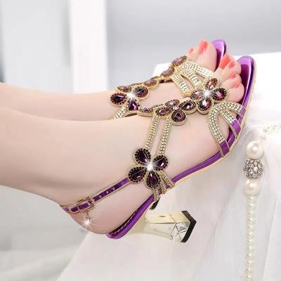 Fashion High Heels Sandals Women Summer Shoes Party Shoes Fashion Medium Heel Temperament Rhinestones Square Heel Leisure Sandals