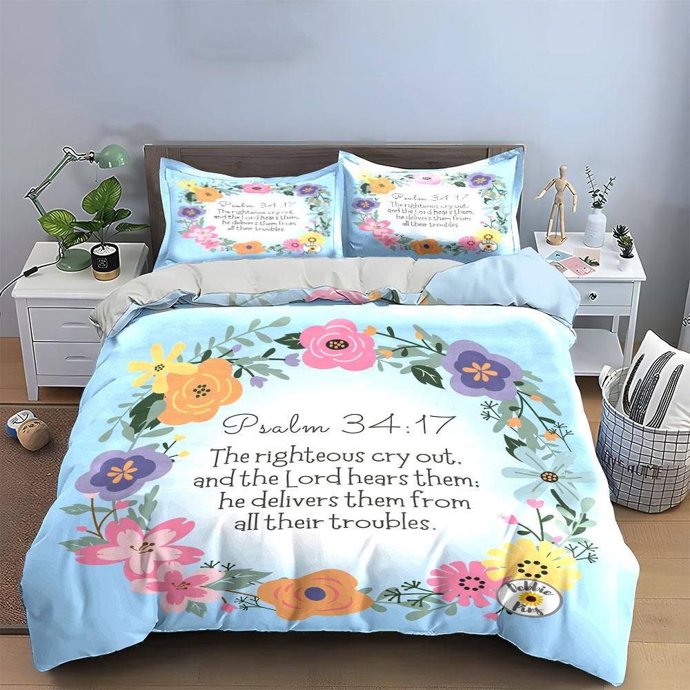 Inspirational Psalm Floral Design Set  Kid's and Adults' Bedroom Decor, Exquisite Three-piece Bedding Set Gift