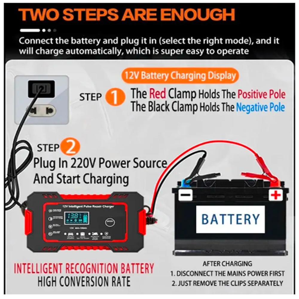Car Battery Charger 12V 6A Pulse Repair LCD Display Smart Fast Charge AGM Deep Cycle GEL Lead-Acid Charger For Auto Motorcycle