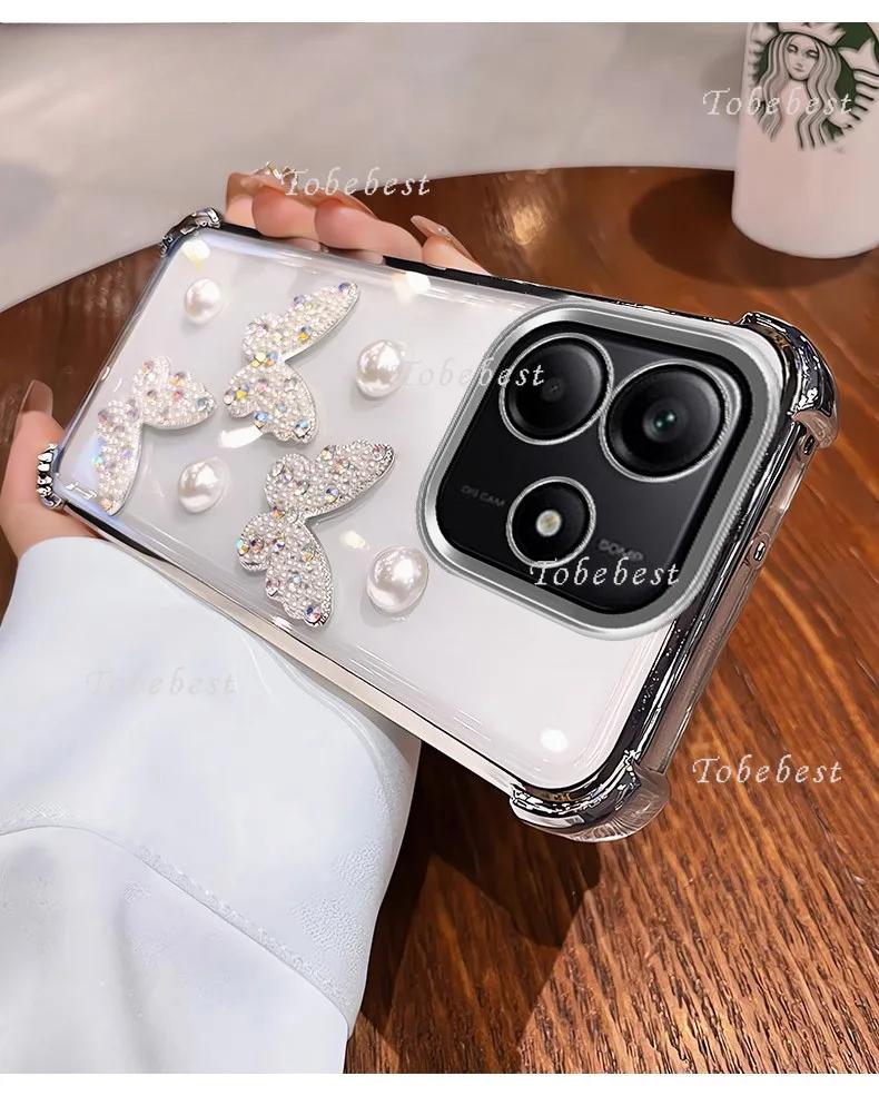 3D Pearl Butterfly Shockproof Plating Silicone Case for Xiaomi Redmi Note 14 14C 13 13C 13R 12 11 11S 10 10S 9 Pro 4G 5G Cover