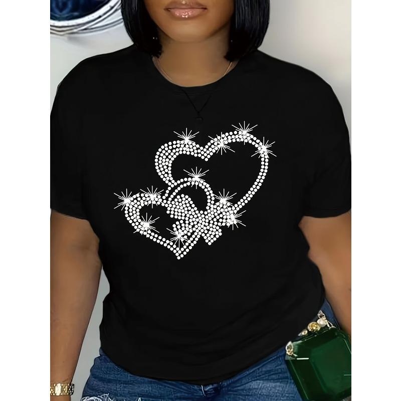 

European Size Womens Casual Crew Neck T Shirt Heart Butterfly Print Short Sleeve Regular Fit Knit Fabric 95 Polyester 5 Elastane Slight Stretch 4XL чорний