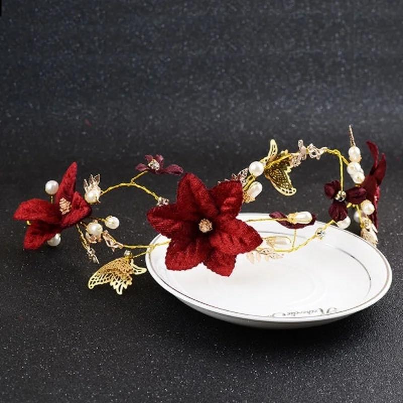 

Красное украшение для головы в виде цветка Свадебные украшения Золотая ажурная головка Свадебные аксессуары для волос для женщин A