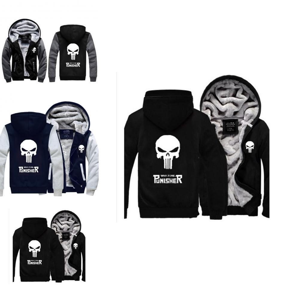 Elegant Punisher Unisex Skull Winter Fleece Jacket Coat With Plush Warm Hoodie