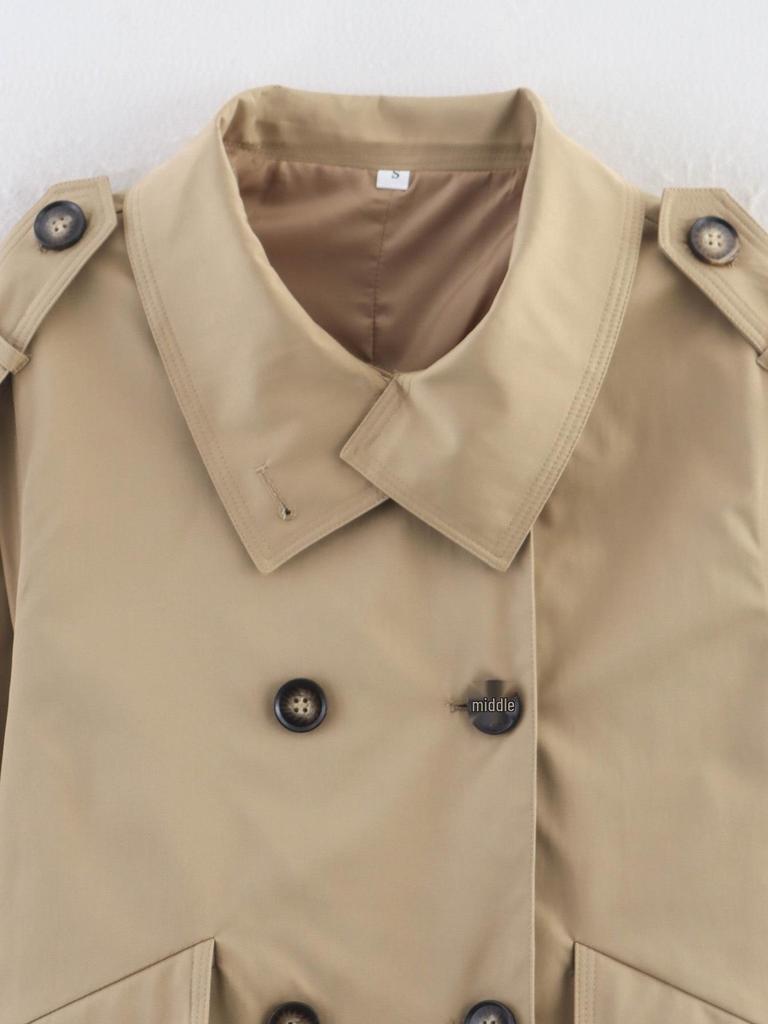 European and American Women's Double-Breasted Belted Short Trench Coat with Stand Collar
