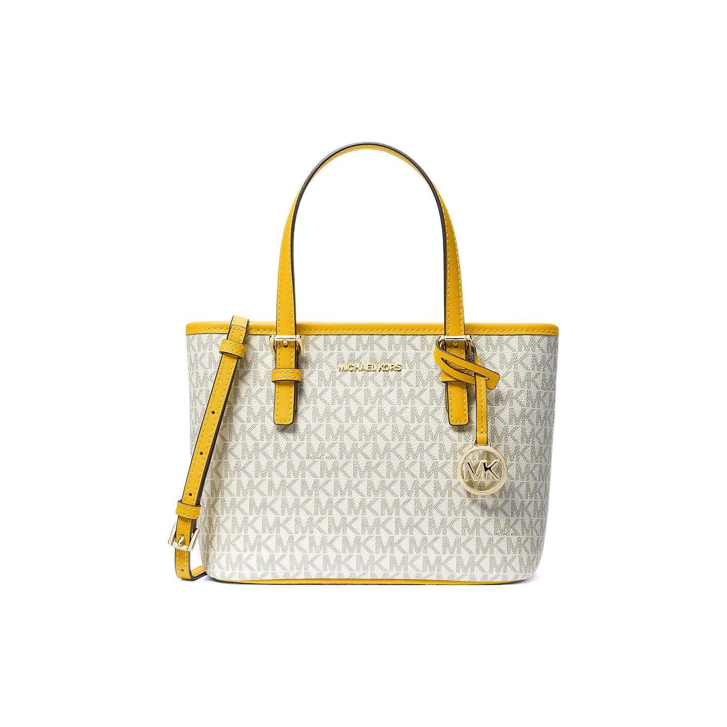 

Michael Kors Mk Jet Set Monogram Vintage Tote Bag Shopping Bag Crossbody Coated Canvas Shoulder Handbag Mini Women Tote 35T9GTVTOB-JSMN-YLW-MLT Basic Set (Bag+Dust Bag)
