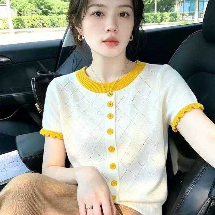Knitted Top for Women In Summer, New Style, Front-opening Diamond-patterned, Open Wooden Ear Detail, Elegant Short-sleeved T-shirt Top