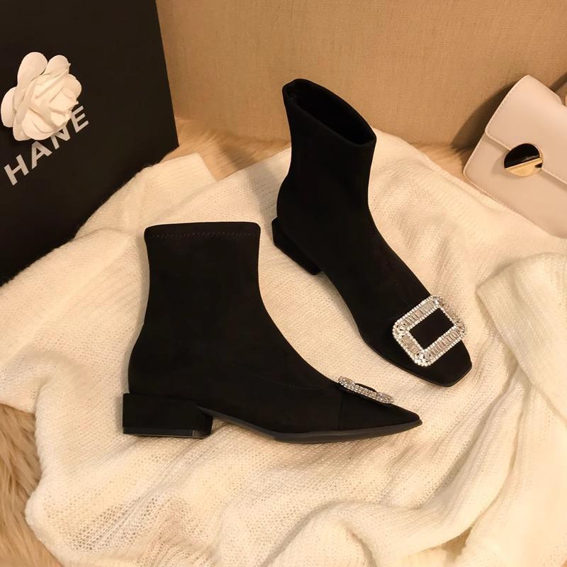 Fashion Women Crystal Suede Ankle Sock Boots Mid Heels Chunky Shoes 2024 Winter Designer New Square Toe Shoes Pumps Dress Femme Shoes