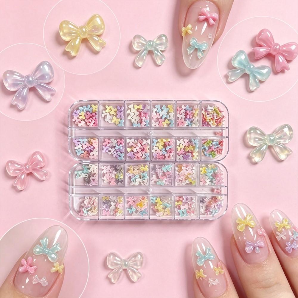 12grid Sweet Candy Bow Nail Charms 3D Colorful Ice Clear Mini Bowknot Nail Gems Resin Flatback Macaron Bowtie Acrylic Nail Decor