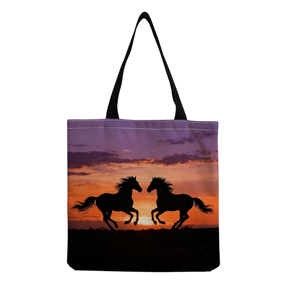 Women Vintage Linen Tote Bag - Large Capacity Horse Print Shoulder Handbag for Casual & Grocery Shopping KTB