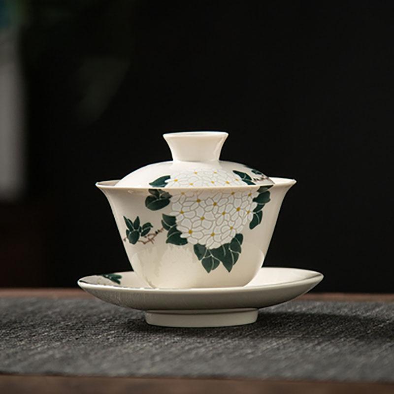 Ceramic Handmade Kung Fu Zen Gaiwan, Creative Hand-painted Chrysanthemum Tea Set, Office Tea Bowl with Saucer, Drinkware