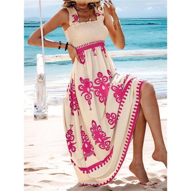 Summer New Style Women's Ladies Dress Printed Front Cross Sleeveless Loose Casual Beach Dress