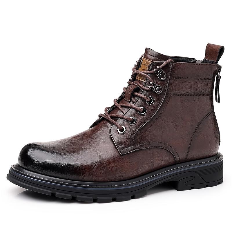 Men's Black High-Top Martin Boots - British Style Casual Motorcycle Leather Footwear for Autumn and Winter.