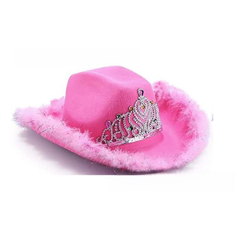 Rosa Stoff-Cowboyhut mit Sternverzierungen und leuchtender Krone für Partykleidung und Geschenke