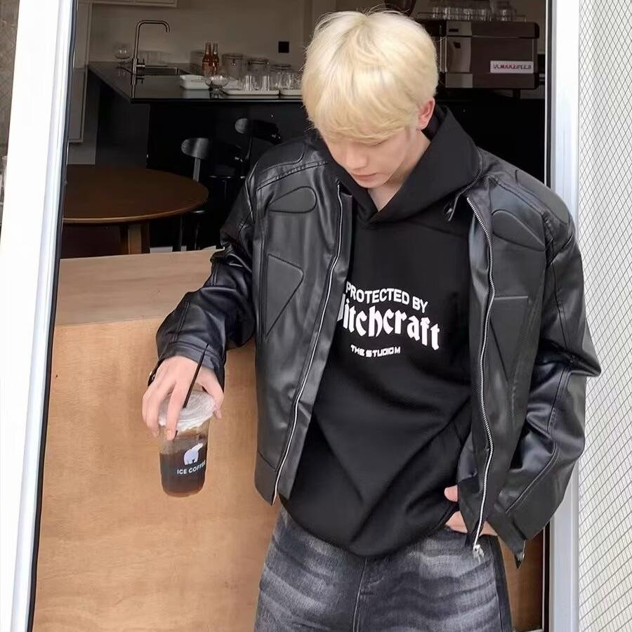 Men's High-Street Deconstructed Leather Jacket with Shoulder Pads - Cool Autumn Motorcycle Design