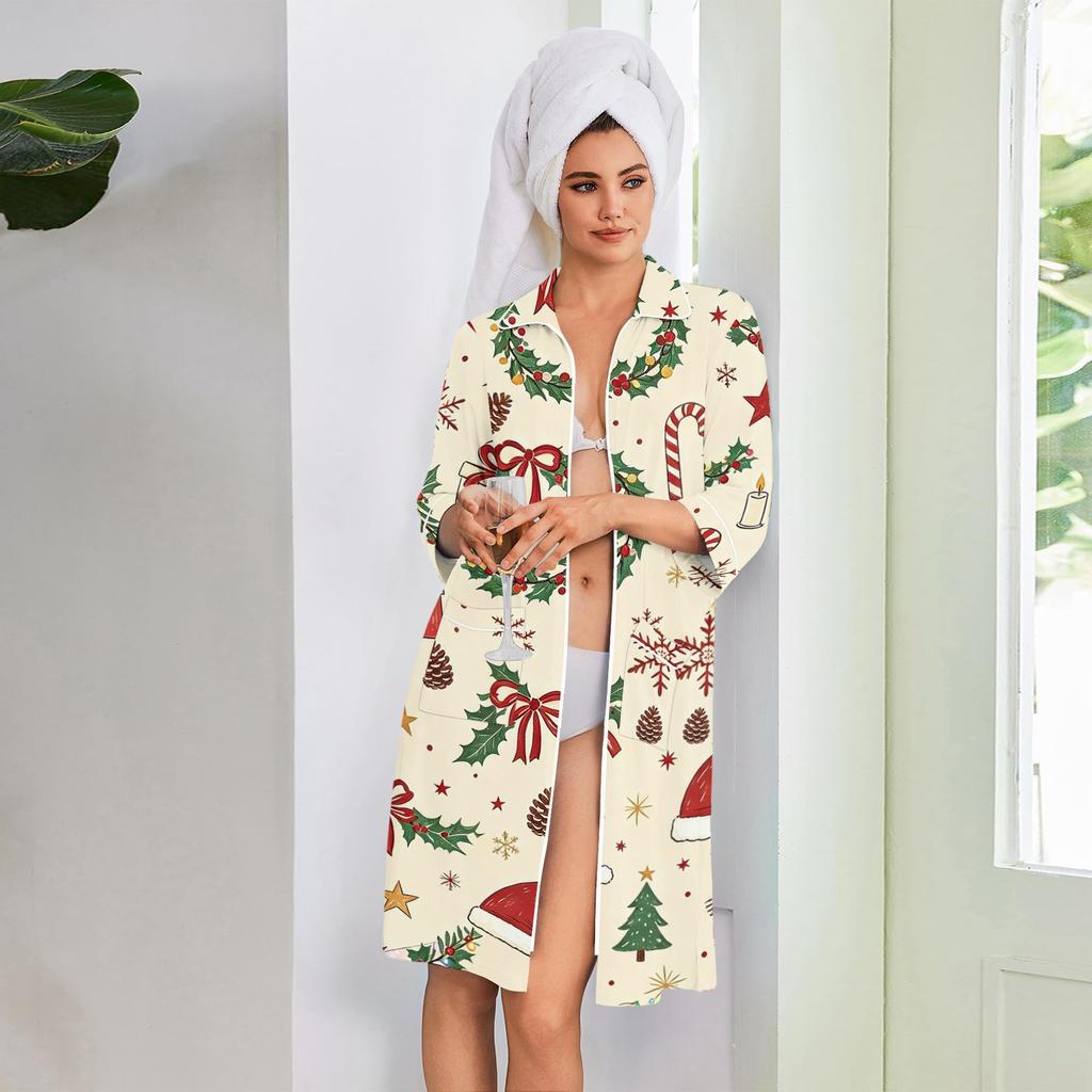 Vestaglia casual da donna con zip e stampa natalizia, maniche a tre quarti, lunghezza al ginocchio, leggera con tasche
