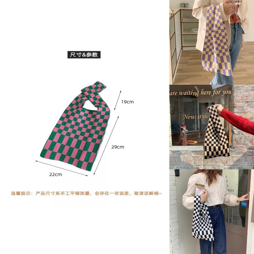 Stylish And Versatile Knitted Checkered Tote Bag With Large Capacity For Daily Use