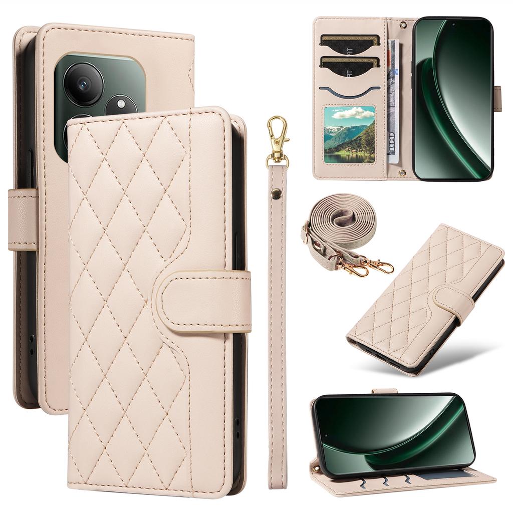 For Realme GT 6 5G Case Wallet Rhombus Leather Phone Cover with Shoulder Strap,Wrist Strap