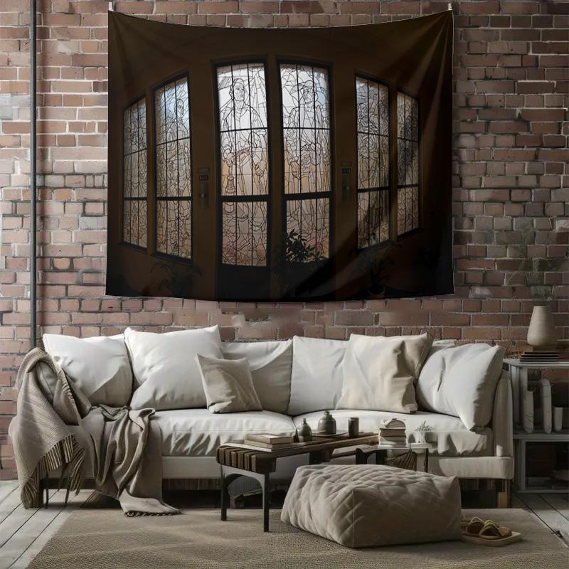 Stained Glass Window Church Scene Wall Tapestry Machine Washable All Season Decor Print Religious Design Home Durable materials