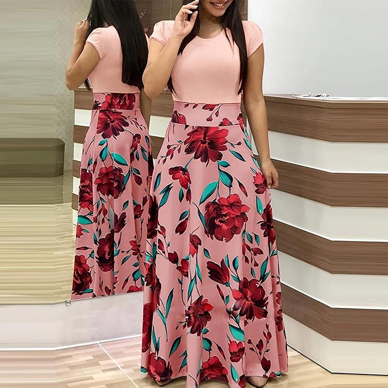 Printed Splicing Crew Neck Dress Elegant Short Sleeve Slim Waist Pleated Maxi Dress Women's Clothing S-5XL