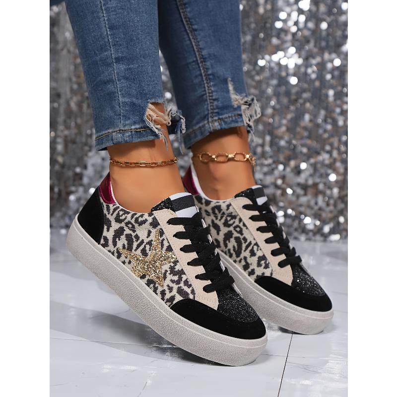 [Everyday Comfort] Women's Leopard Print Star Sneakers, Casual Lace-Up Low Top Shoes with Round Toe, Fabric Upper & Mesh Inner, PVC Sole