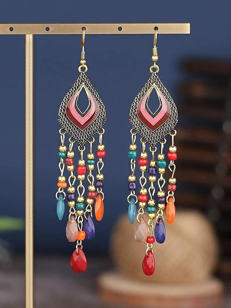 Women and Girls Fashion Dangler Earrings | Gold Plated Long Beaded Tassel Earrings Bohemia Dangler Earrings