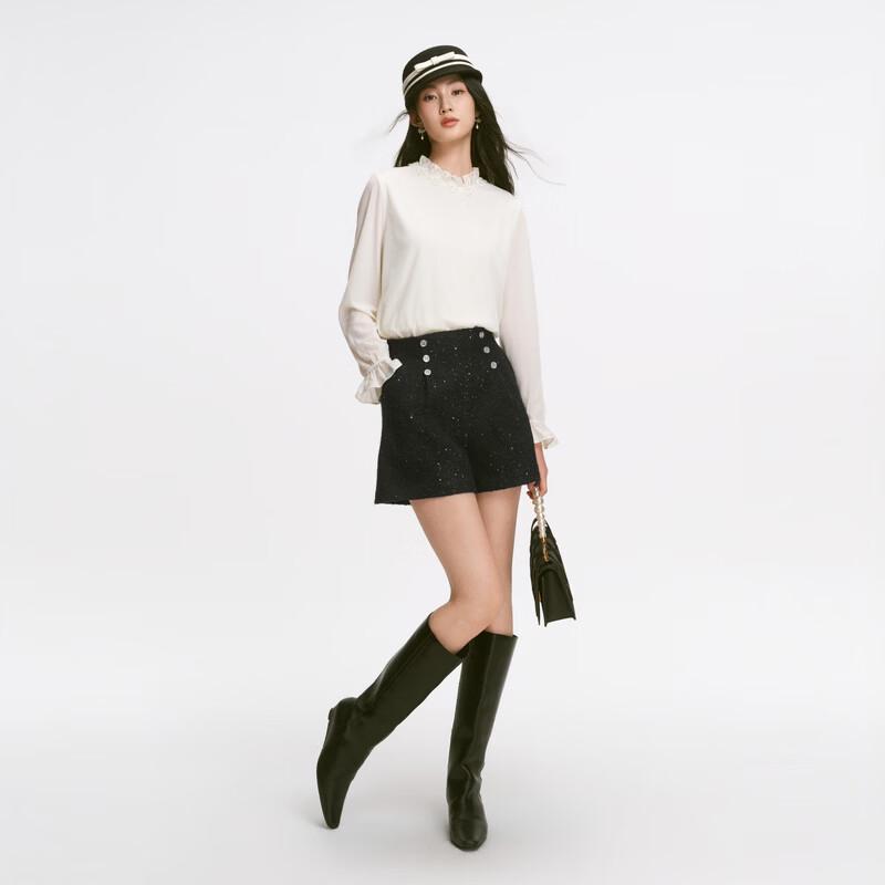 Qiusuiyiren Elegant 3D Floral Velvet Lace Stand-Collar Blouse