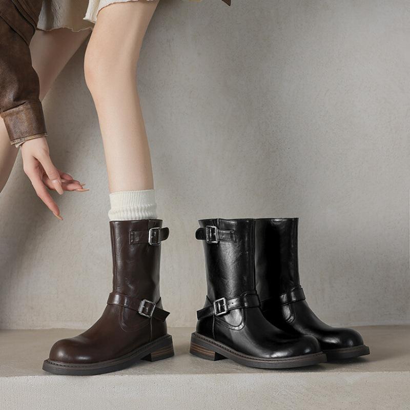 Damen-Mittelstiefel für Herbst und Winter, dicksohlige, rutschfeste Damenstiefel in großen Größen, mittlerer Absatz, runde Spitze, Reißverschluss hinten, Blockabsatz, neue Ritterstiefel