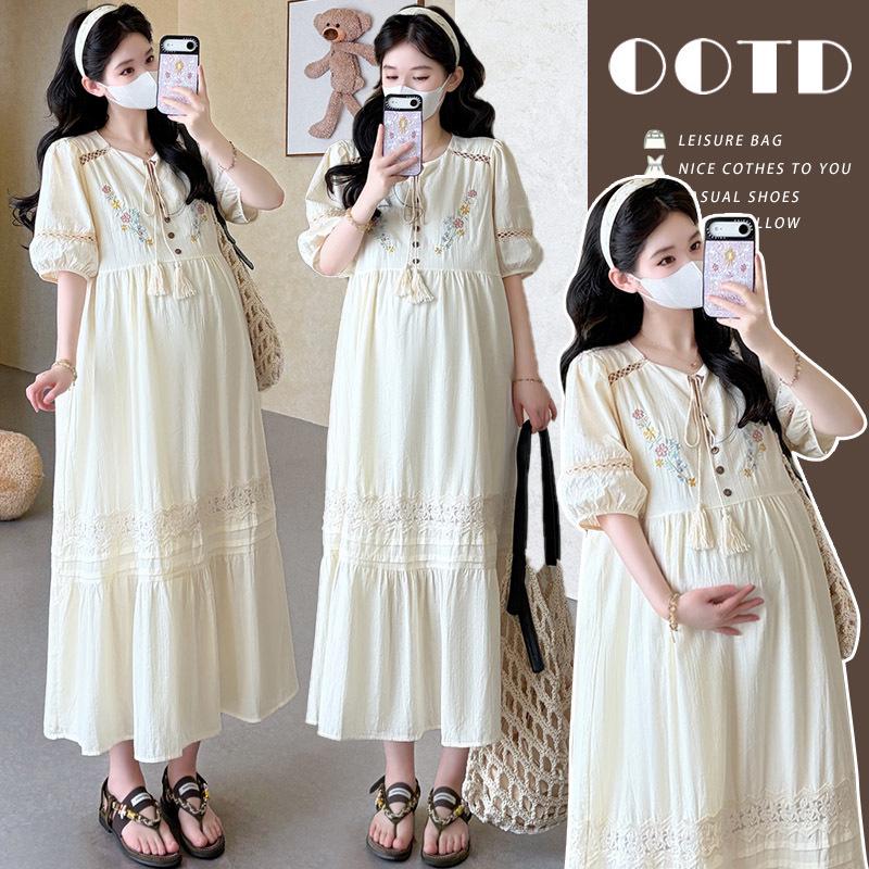 2026 Summer Korean Style Embroidered Short-Sleeved Maternity Dress - Fresh, Sweet, and Loose Fit 2X Large