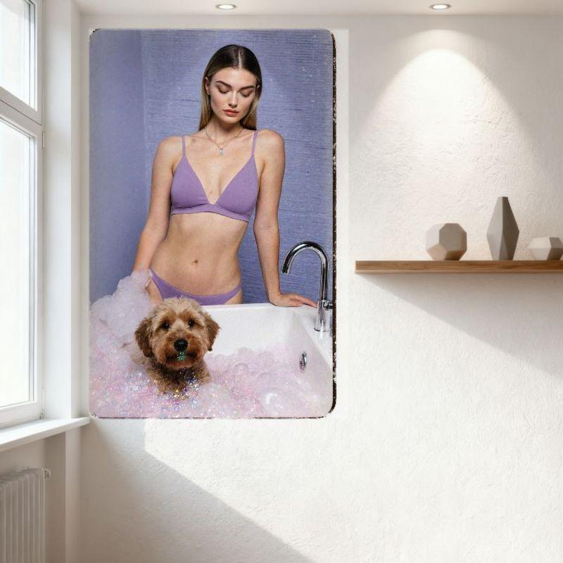 Sexy Woman Long Light Brown Hair Bathtub Pink Bubbles Purple Bralette Bikini Dog Green Toy Metal Tin Sign Vintage Wall Decor for