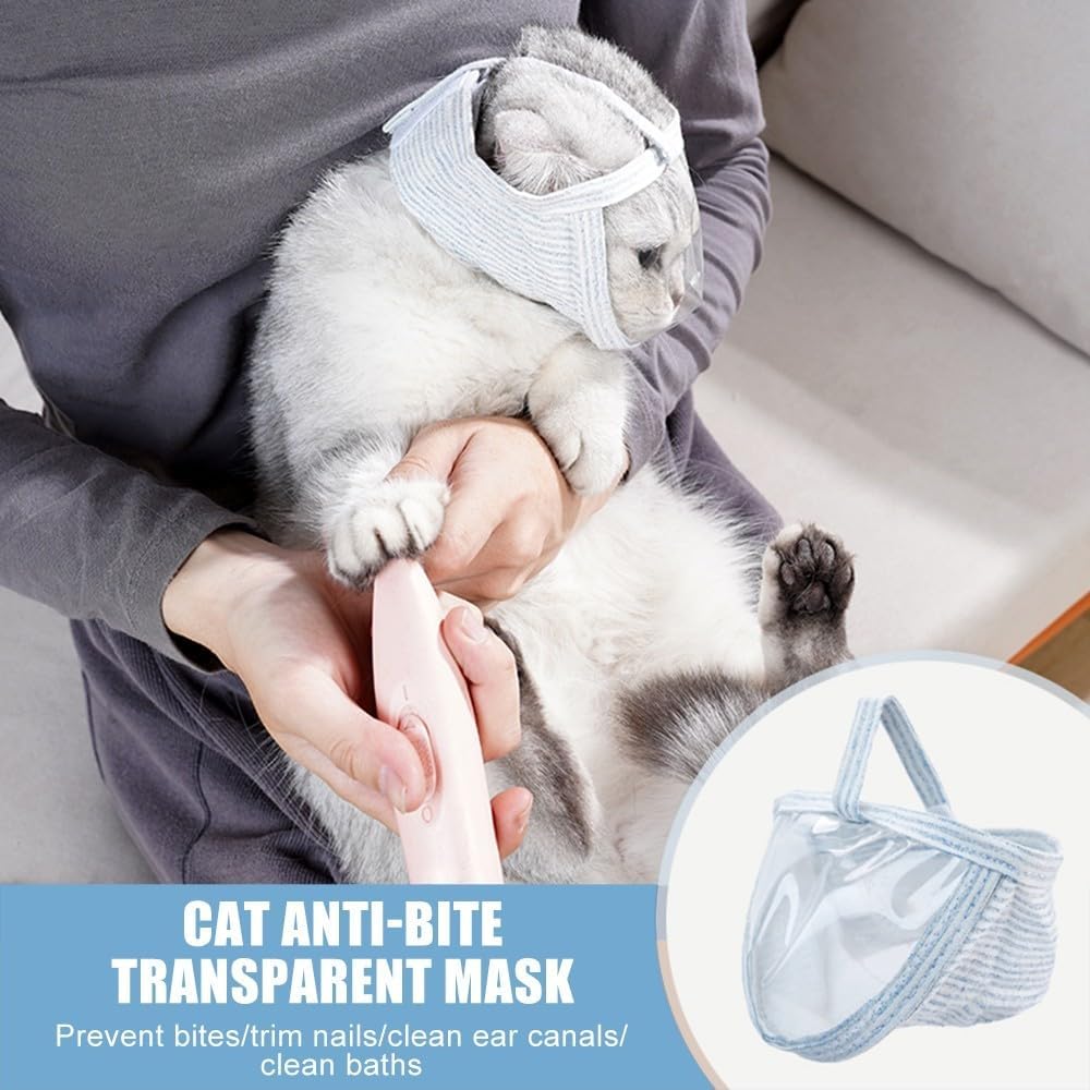Cat Muzzle, Breathable Cat Face Cover Transparent Anti Bite Face Protection for Nail Trimming Bathing