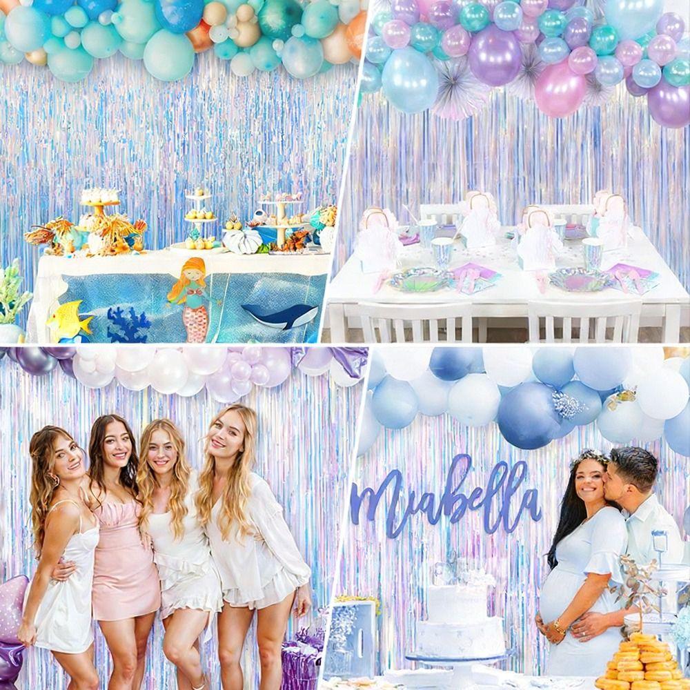 Colorful Laser Blue Party Backdrop Curtains Iridescent Foil Glitter Rainbow Sparkle Foil Curtain Colored Golden Foil Tinsel