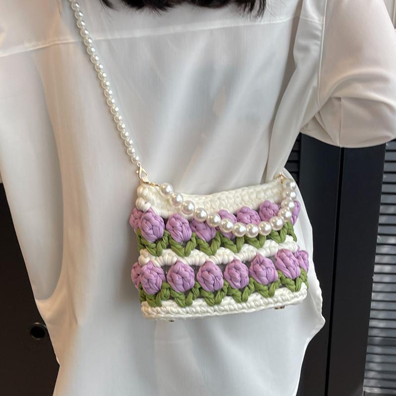 Tulip handmade DIY woven bag, cloth strip material bag, homemade pearl portable messenger bag, gift for girlfriend