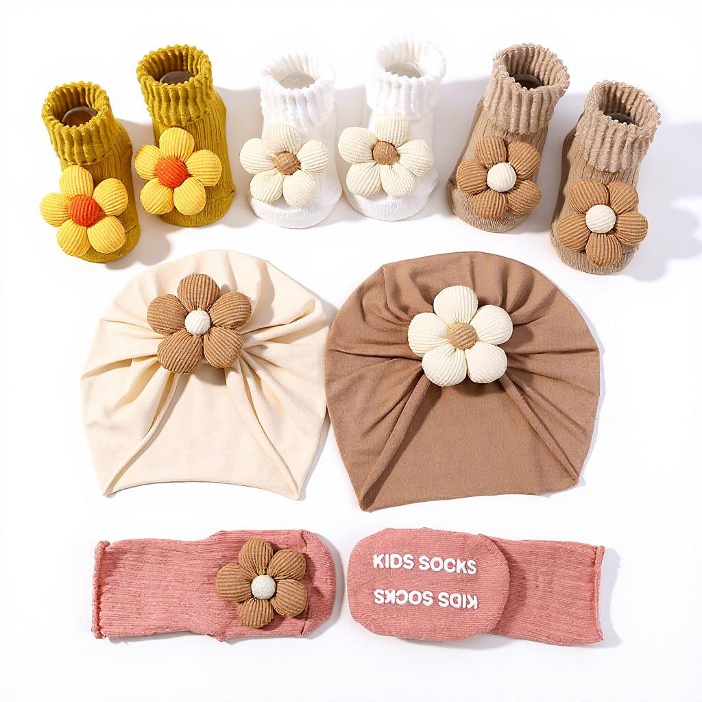 European American New Style Baby Pullover Hat Cute Lace Flowers Seamless Children s Hat Short Boat Socks Set Non-Slip Socks 3c