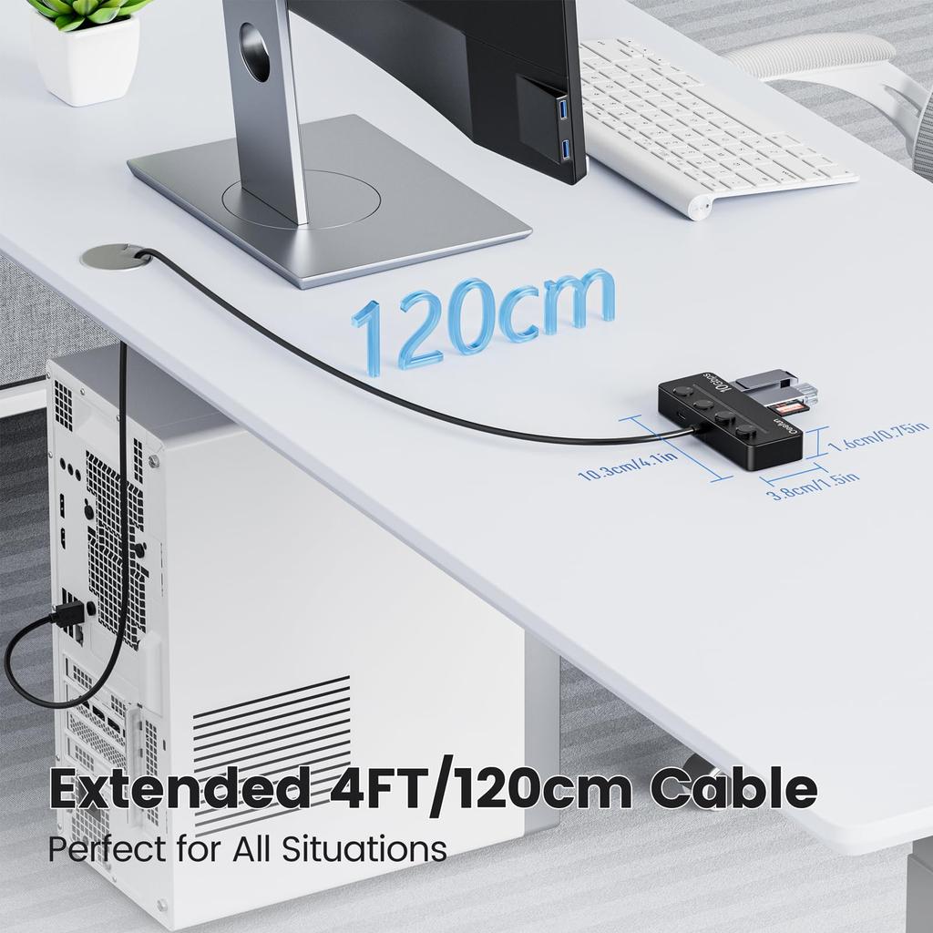 Qeefun USB Hub with Individual LED Power 10Gbps Data Extension Multiple USB Extender for USB Flash and More 4-Port 3.2 Switch, Transfer, 1.2M Cable,