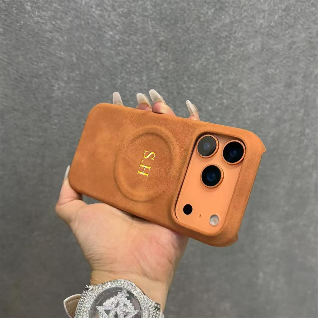 Custom Name Retro Faux Leather Magnetic Wireless Charging Case For iPhone 17 16 15 14 13 Pro Max 17 Air Hot Gold Foil Stamping