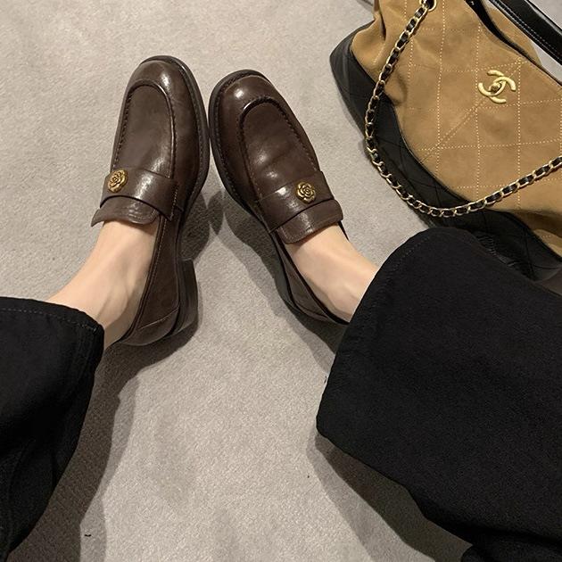 Cowhide~ Grape mother same camellia platform loafers women's genuine leather retro gold buckle versatile thick heel small leather shoes