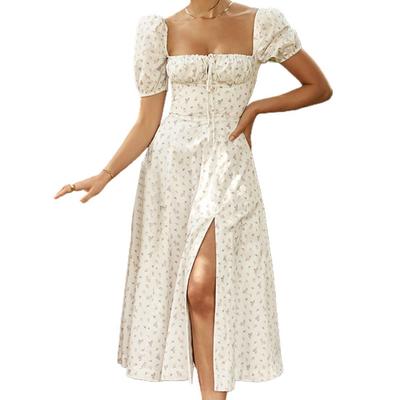 Casual Dress Square Collar Versatile Thin Attractive Lady Floral Print Casual Beach Dress Daily Clothing