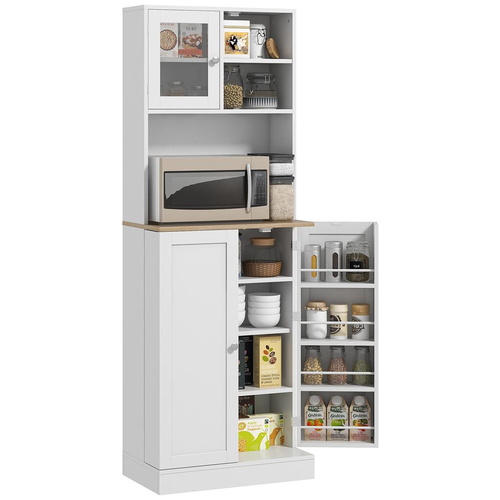 Kitchen Microwave Cart with Open Shelves and Cabinet with Spice Rack, 60x35x169 cm, White