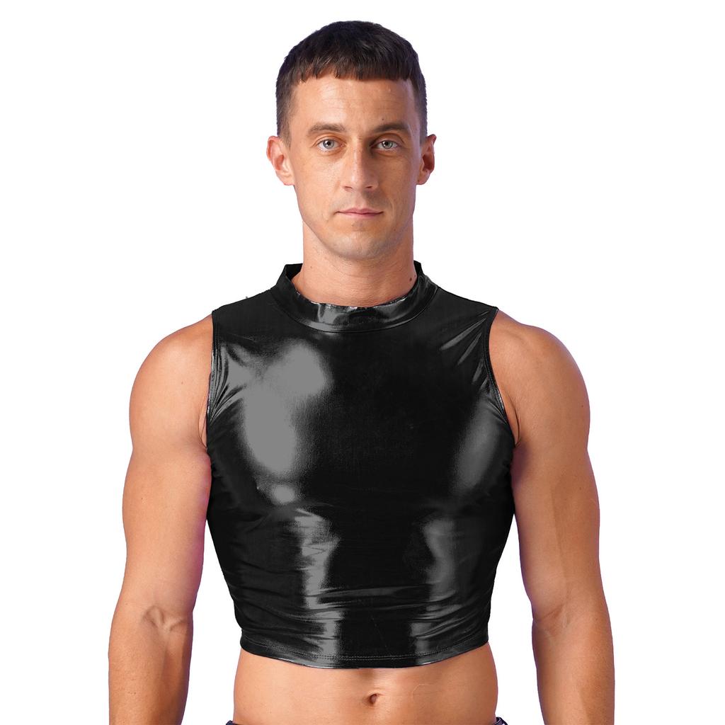 Mens Metallic Sleeveless Vest Faux Leather Crop Top Wet Look Clubwear Street Fashion