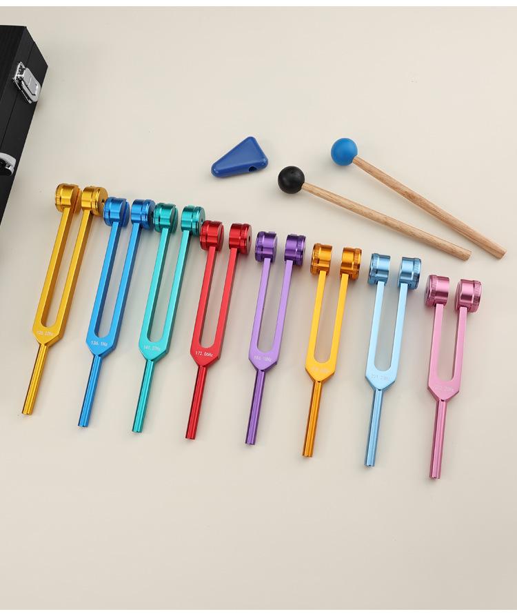 Aluminum Tuning Fork Set: Colored Eight-piece Sound Therapy with Wooden Gift Box