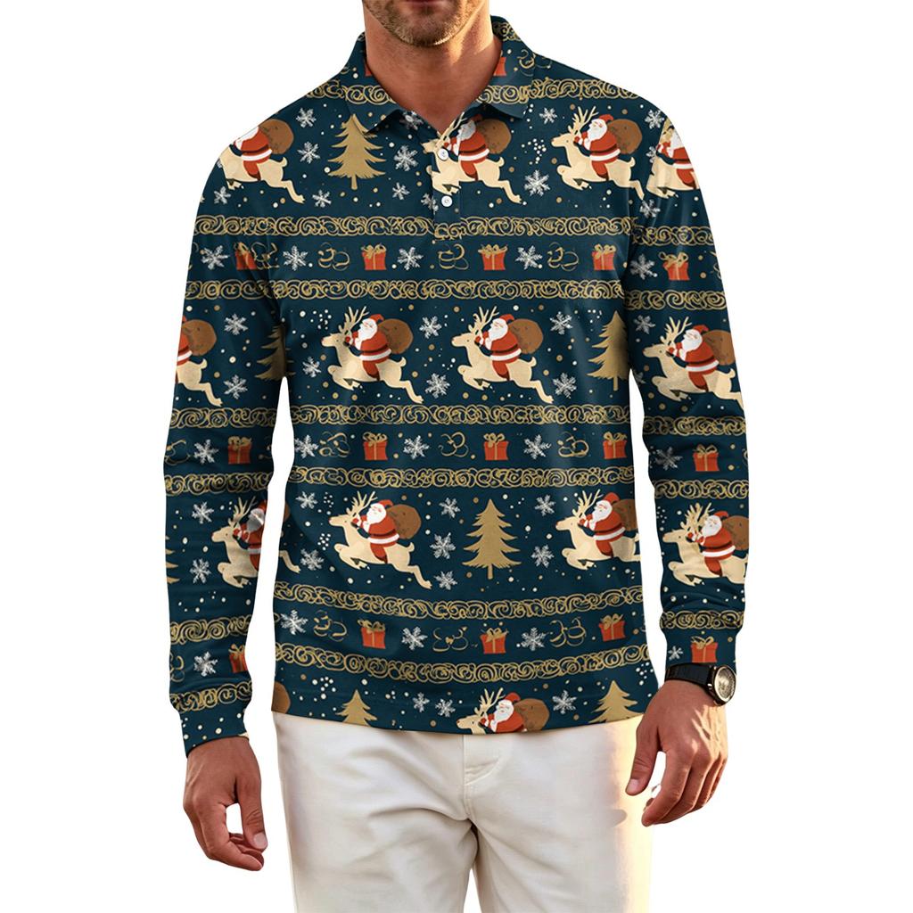 Men's Golf Shirt Long Sleeve Casual Christmas Print Quick-Dry Mesh Top