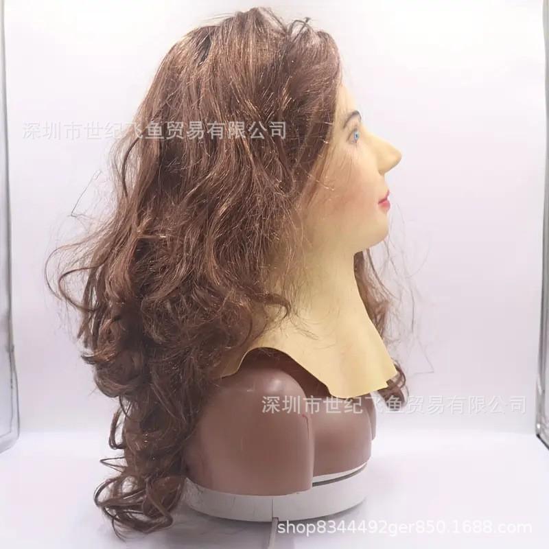Realistic Young Woman Face Mask Long Hair Latex Halloween Cosplay Party Prop