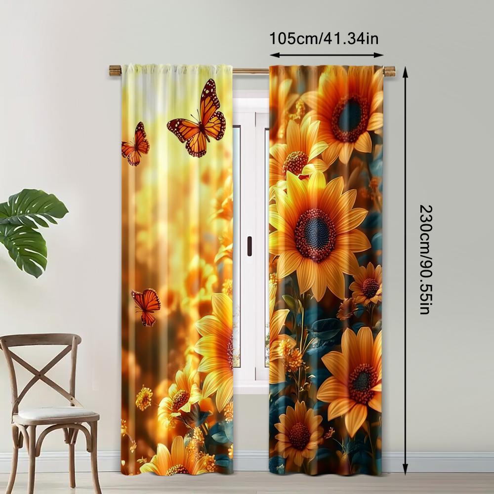 2pc,  Window Curtains Sunflower 100% Polyester,Without Electricity Family Party Decoration Applies To Hotel Decoration