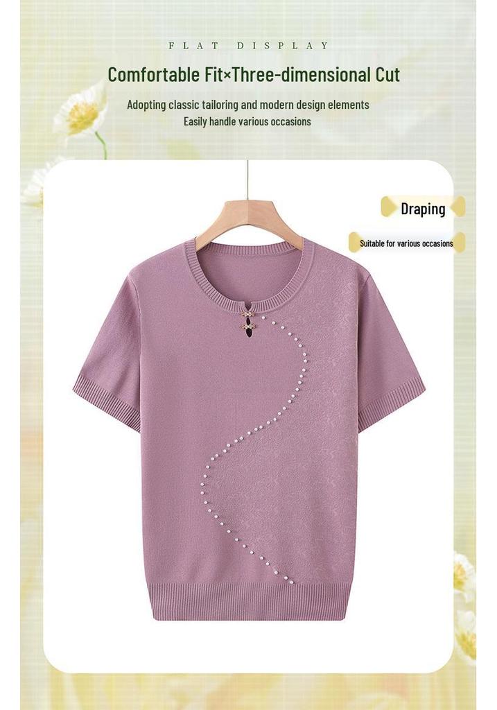 2026 New Style Ice Silk Summer T-Shirt for Middle-Aged & Elderly Moms - High-End, Short-Sleeved, Stylish Knit Top